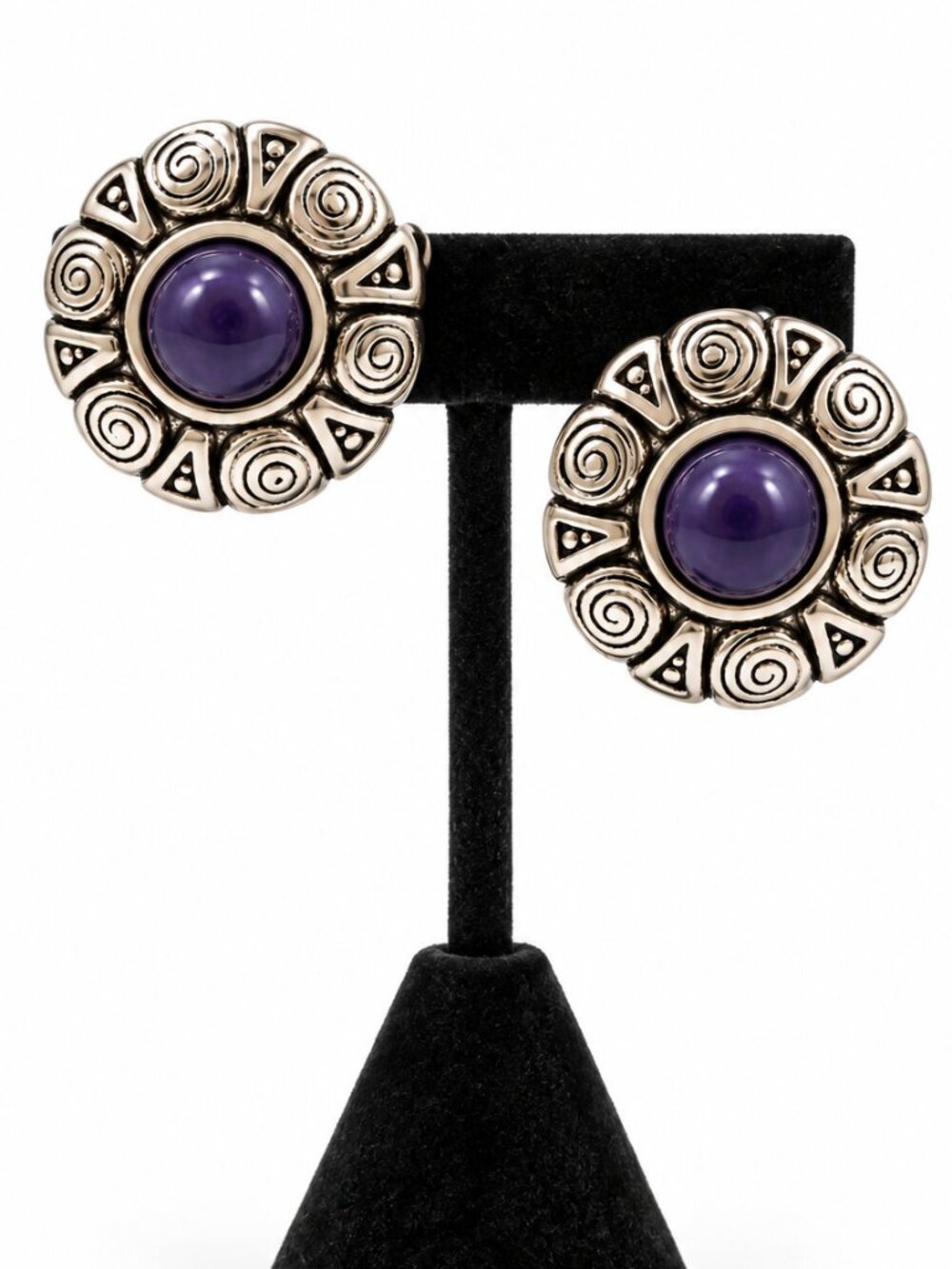 Silver Tone Violet Cabochon Clip On Statement Earrings Southwestern 1.25"